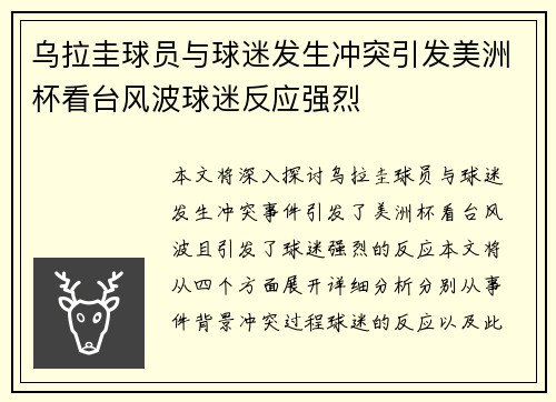 乌拉圭球员与球迷发生冲突引发美洲杯看台风波球迷反应强烈