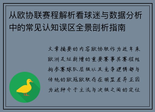 从欧协联赛程解析看球迷与数据分析中的常见认知误区全景剖析指南